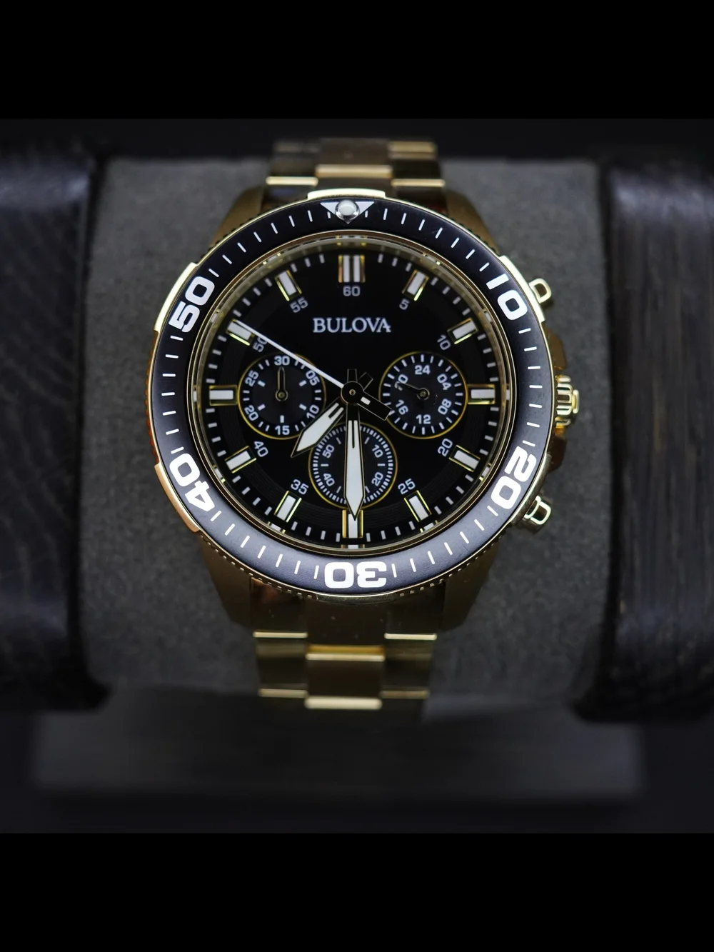 Bulova 98A248 Marine Star Gold Tone Chronograph Black Dial 43mm Mens Quartz